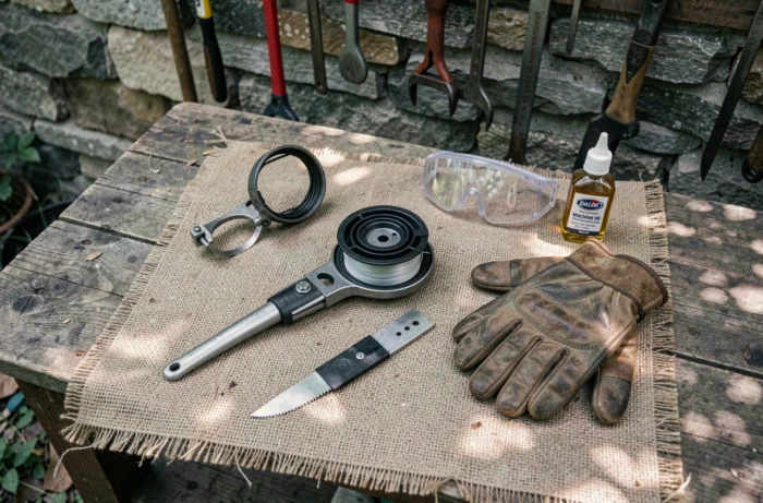 Gros plan sur les accessoires et outils d'entretien d'une débroussailleuse posés sur un établi en bois