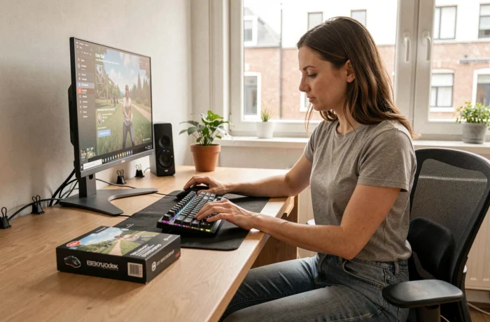 Femme testant des accessoires gaming à son bureau à domicile en Belgique