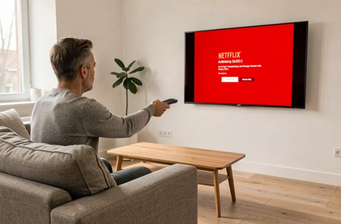 Homme activant Netflix sur une télévision Samsung depuis son canapé avec la télécommande