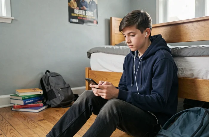 Adolescent seul dans sa chambre utilisant un smartphone, illustrant les risques d'utilisation non supervisée des applications en ligne