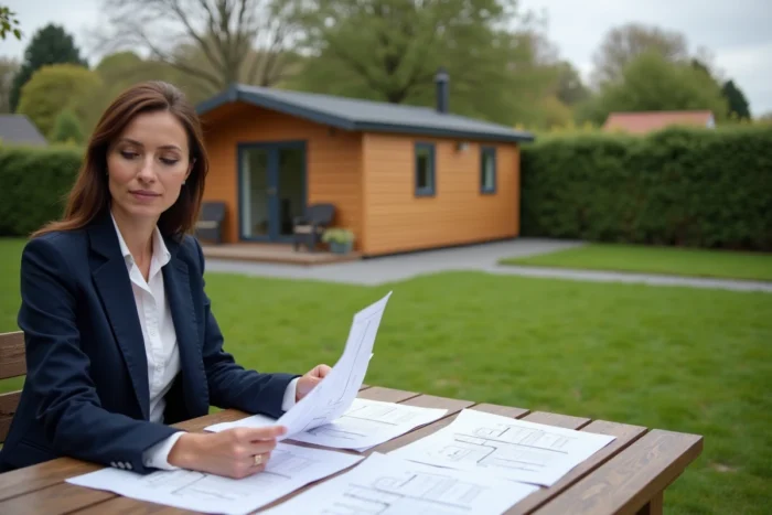 Agent immobilier consultant des plans sur une parcelle avec bungalow en bois, contexte de vente immobilière de terrain