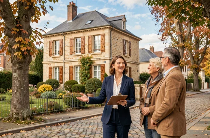 Agent immobilière présentant une maison en pierre française à des acquéreurs potentiels dans un quartier résidentiel