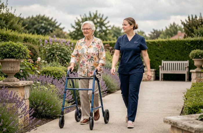 Une aide-soignante accompagnant une femme âgée utilisant un déambulateur dans un jardin adapté, illustrant l'aide à domicile pour seniors