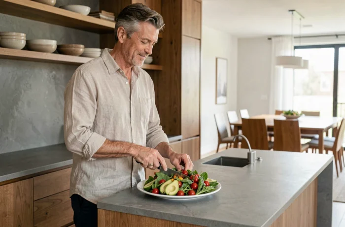 Homme préparant une salade fraîche et nutritive dans une cuisine moderne pour une alimentation saine au quotidien