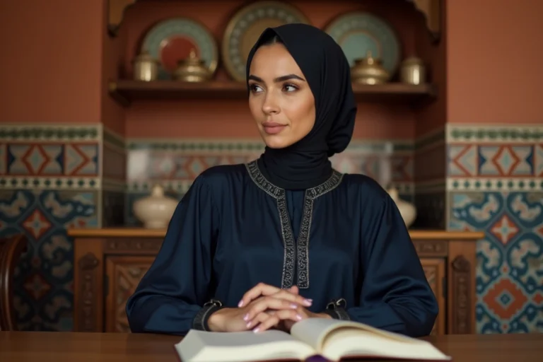 Jeune femme d'origine nord-africaine en tenue élégante, assise dans un intérieur chaleureux aux influences culturelles marocaines, reflétant ses racines familiales et religieuses