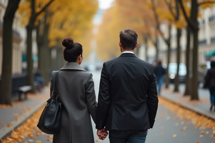 Couple élégant marchant sur un boulevard parisien en automne, illustrant la discrétion de la vie privée d'Amandine Atalaya et son mari