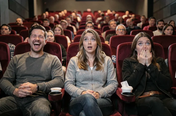 Groupe d'amis réagissant à un film dans une salle de cinéma moderne aux fauteuils en velours rouge