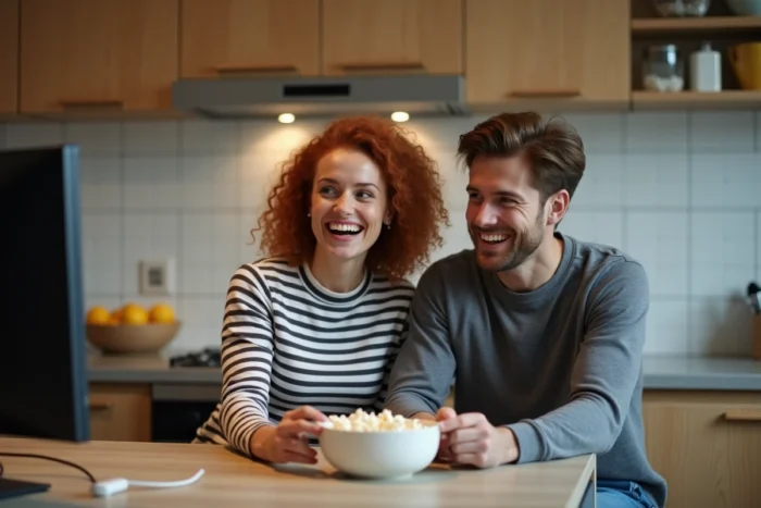 Deux amis regardant une série en streaming gratuit ensemble dans une cuisine moderne