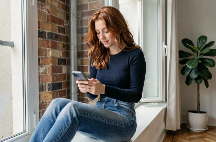 Anna Dray dans son appartement parisien consultant son smartphone, ambiance studio créatif naturel