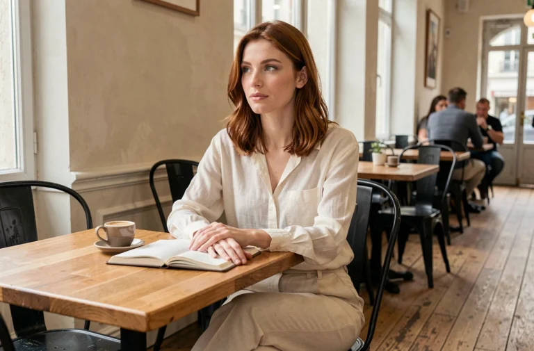 Anna Dray assise dans un café parisien avec un carnet ouvert, regard pensif et tenue décontractée