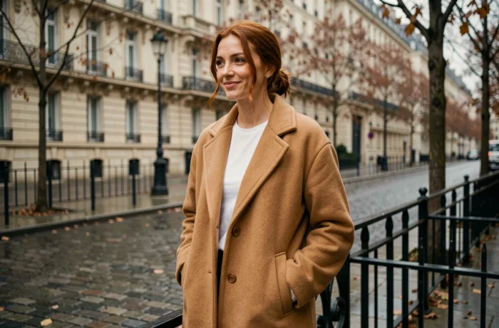 Anna Dray en manteau camel dans une rue pavée parisienne en automne, style éditorial streetwear