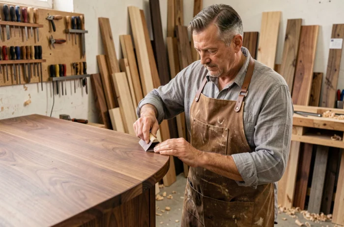 Artisan ébéniste façonnant un meuble sur mesure en bois de noyer dans un atelier artisanal