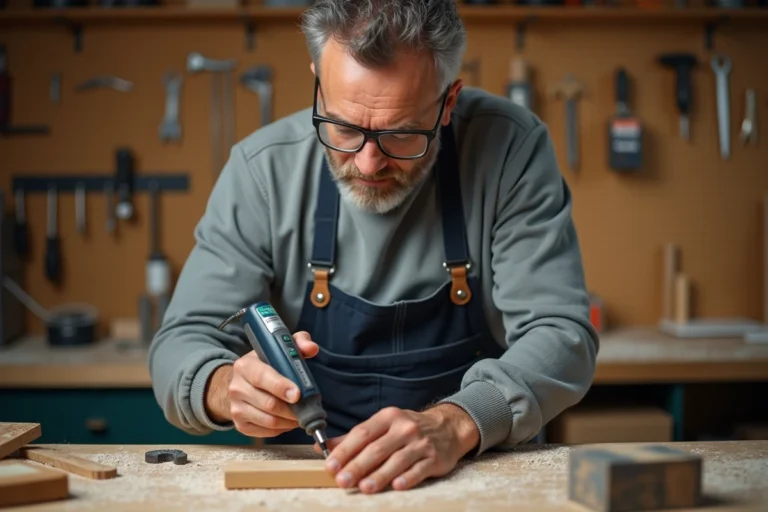 Artisan utilisant un outil multifonction Dremel pour graver une plaque en bois dans un atelier DIY bien équipé
