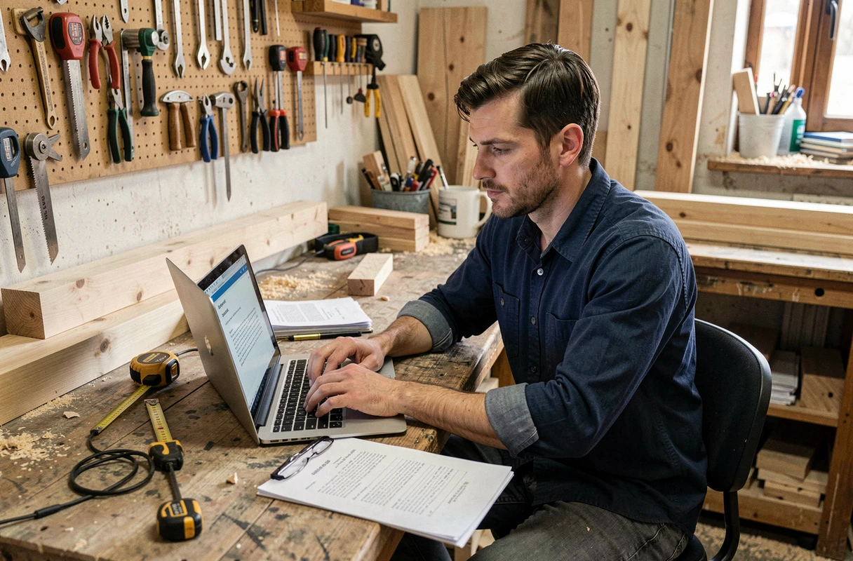 Artisan rédigeant un devis professionnel sur ordinateur portable dans son atelier