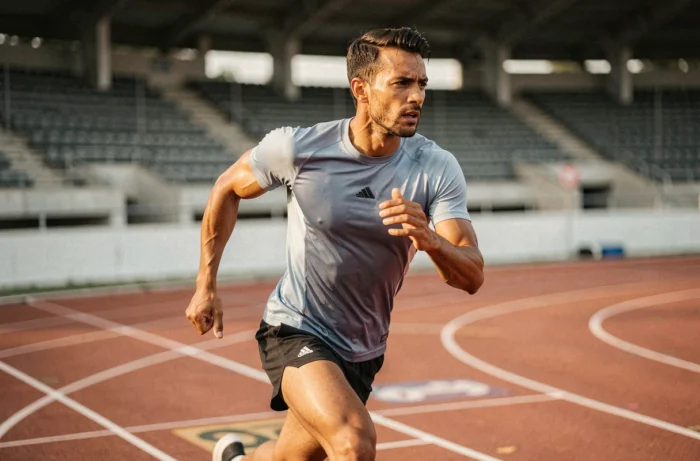 Athlète professionnel en pleine course sur une piste d'athlétisme lors d'une compétition sportive 2024