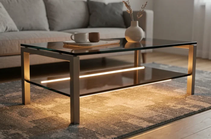 Bande LED installée sous une table basse en verre diffusant une lueur douce vers le tapis du salon