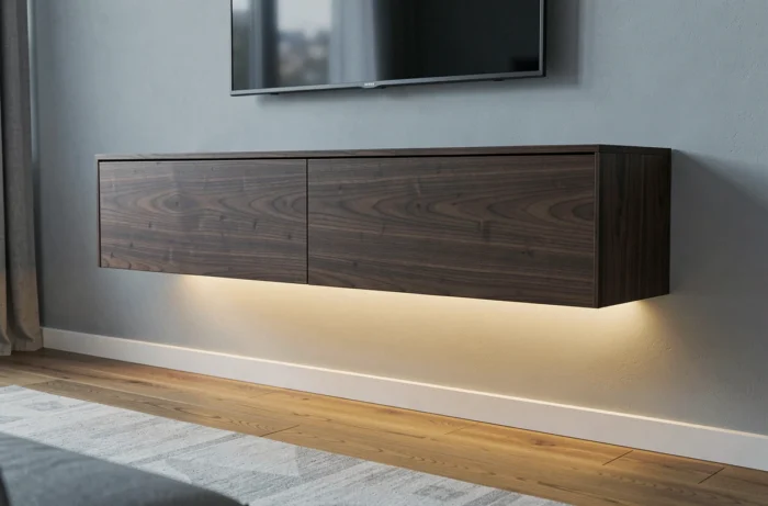 Bandeau LED fixé sous un meuble TV flottant créant un effet de lévitation sur le sol du salon