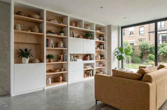 Bibliothèque sur mesure intégrée au mur dans un salon contemporain moderne avec parquet béton