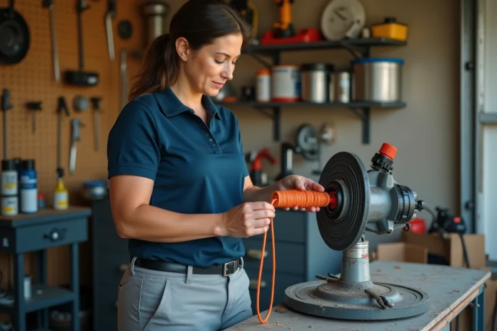 Femme bobinant du fil nylon sur la bobine d'un rotofil dans un atelier de garage