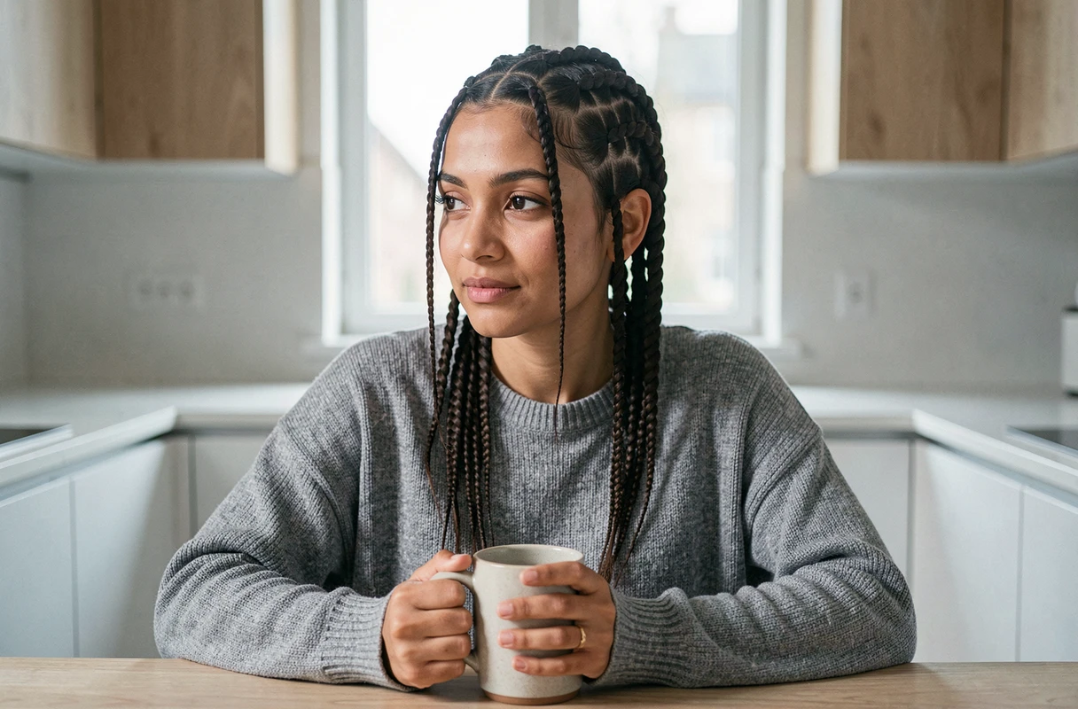 Femme aux cheveux courts coiffée de petites box braids dans une cuisine moderne au style scandinave