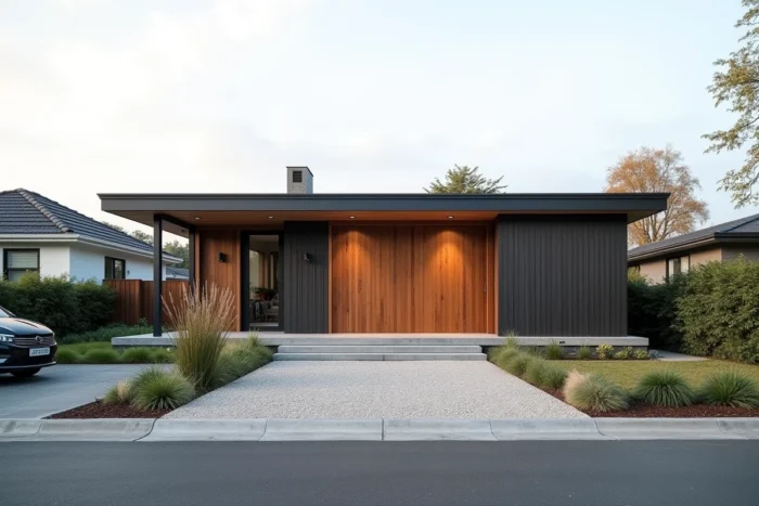 Bungalow moderne sur parcelle résidentielle avec jardin et allée en gravier, vue extérieure pour article sur vente de terrain