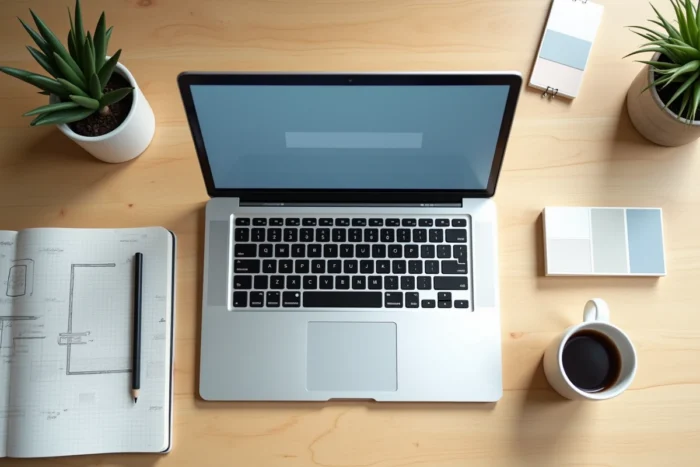 Vue du dessus d'un bureau de designer avec laptop affichant un template de site web professionnel, carnet de croquis et échantillons de couleurs