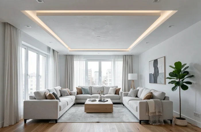 Faux plafond encadré avec ruban LED intégré réglable en variation circadienne dans un salon contemporain