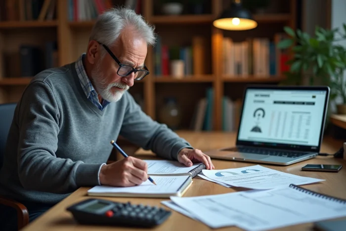 Homme calculant des conversions de millimètres cubes en litres à un bureau encombré de tables de conversion et d'une calculatrice scientifique