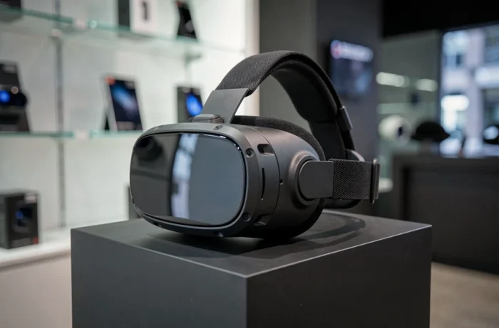 Casque VR Pico 5 posé sur un présentoir dans un magasin de technologie, vue détaillée du design produit