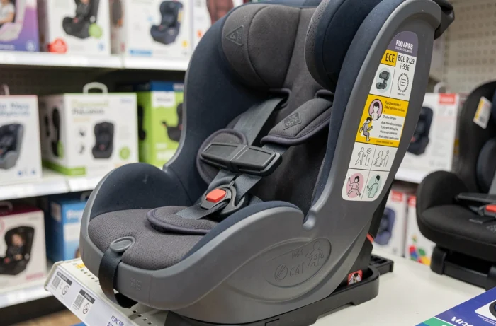Gros plan sur l'étiquette de certification i-Size ECE R129 et le système de harnais d'un siège auto dans un magasin spécialisé, soulignant les critères de sécurité essentiels à vérifier lors de l'achat