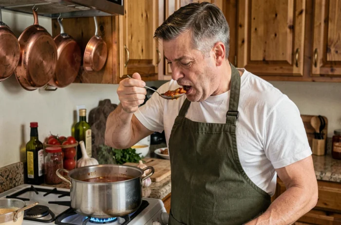 Chef amateur goûtant une sauce mijotée dans une cuisine semi-professionnelle avec casseroles en cuivre et ingrédients frais