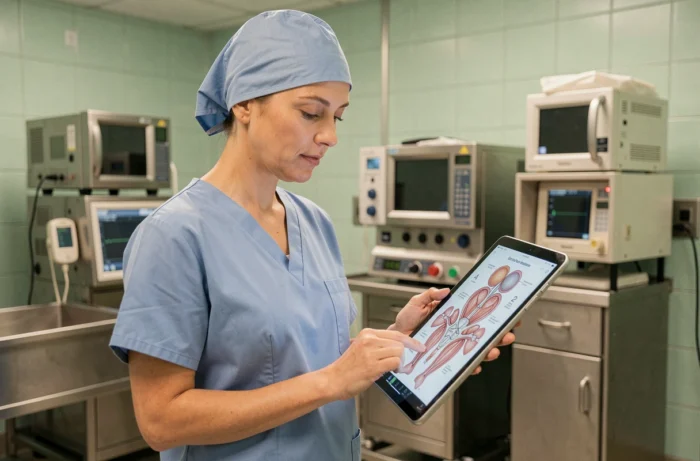 Chirurgienne spécialisée en abdominoplastie consultant des schémas anatomiques dans un bloc opératoire moderne