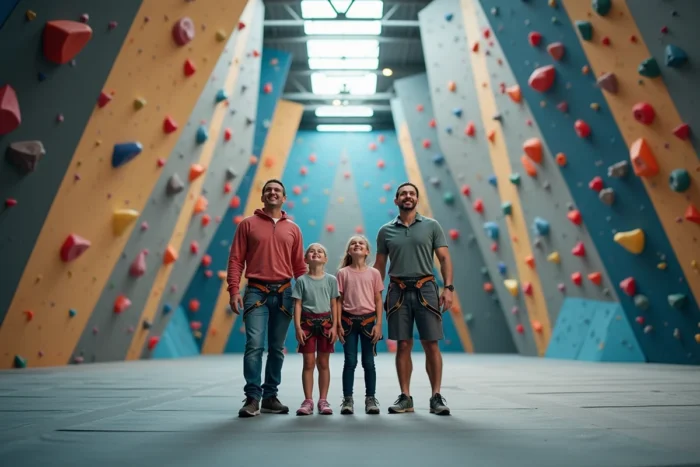 Famille avec deux enfants dans le grand espace de la salle Climb Up Lesquin, vue d'ensemble du mur d'escalade