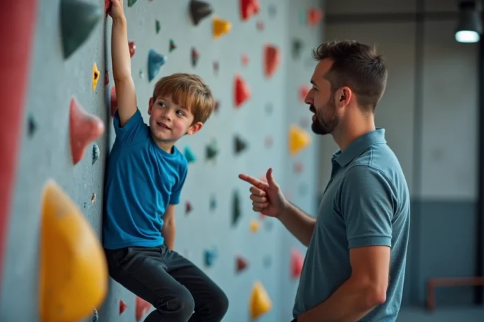 Jeune garçon lors d'un cours d'escalade enfant à Climb Up Lille Centre avec un moniteur professionnel
