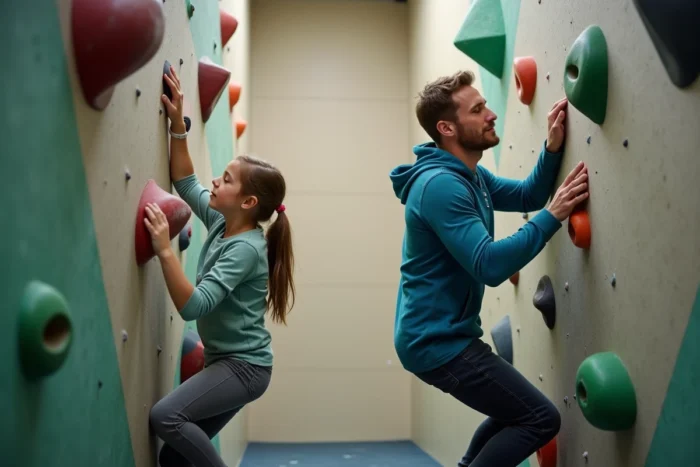 Père et fille grimpant ensemble à la salle Climb Up Wambrechies au nord de la métropole lilloise