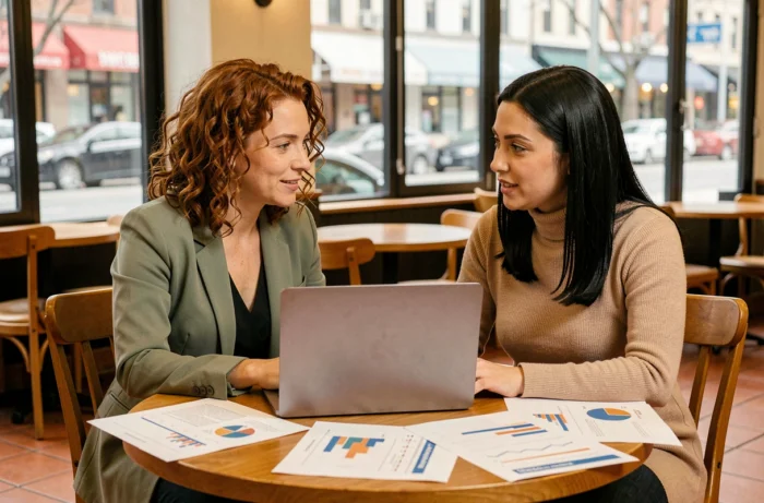 Deux femmes professionnelles collaborant autour d'analyses digitales et de tendances numériques dans un café moderne