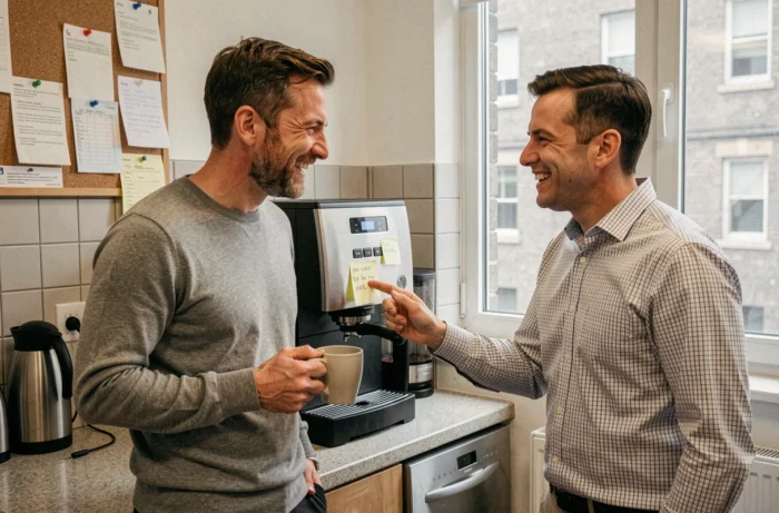 Deux collègues masculins partageant une blague près de la machine à café au bureau