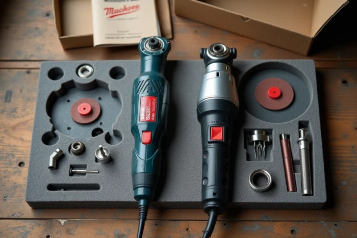 Comparaison côte à côte d'un outil multifonction Dremel et d'un outil Parkside Lidl avec accessoires sur un établi en bois