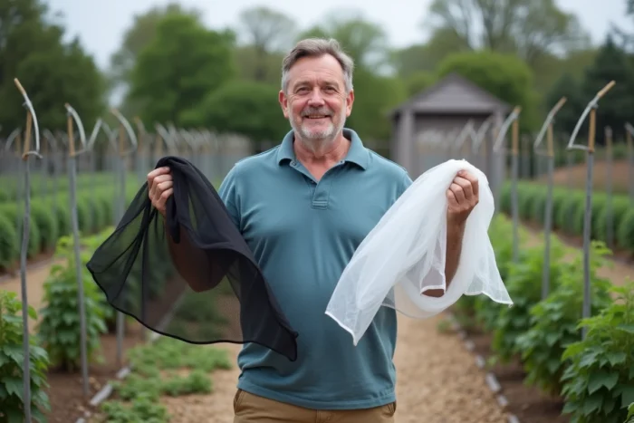 Homme comparant deux filets d'ombrage différents devant des rangées de plants de tomates dans un jardin potager