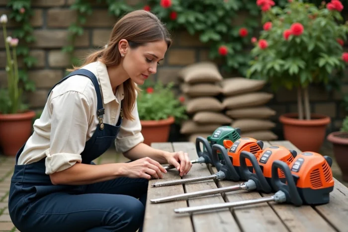 Femme comparant plusieurs modèles de taille-bordures posés sur une table en bois dans un jardin, pour choisir le meilleur outil