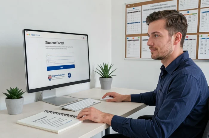 Homme adulte accédant au portail MyCampus Eduservices depuis son bureau à domicile avec un grand écran d'ordinateur