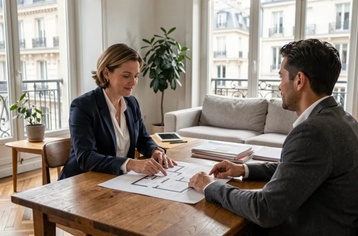 Conseillère immobilière experte présentant un plan de location meublée à un couple dans un appartement lyonnais