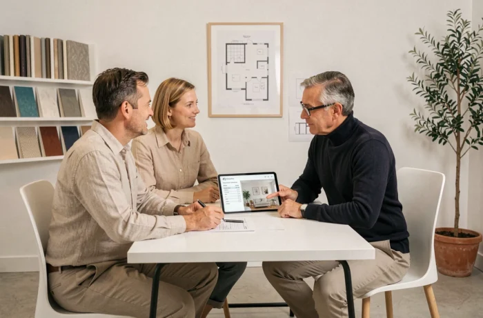 Couple en consultation avec un décorateur d'intérieur discutant du budget et des devis dans un studio de design moderne