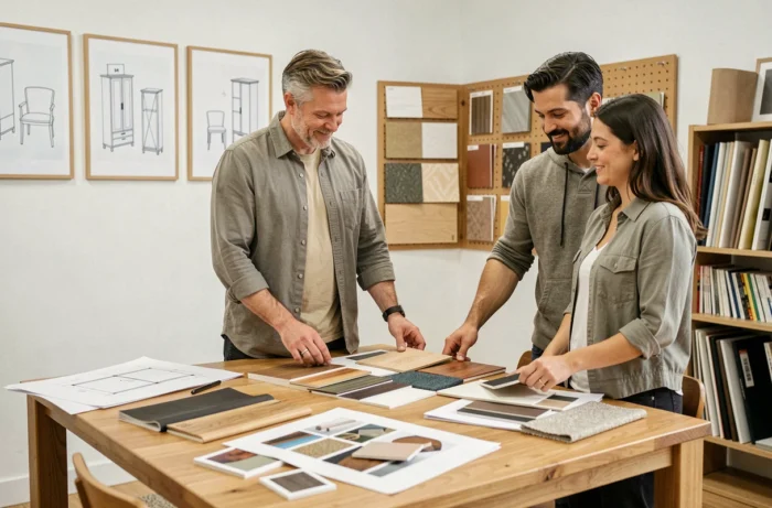 Couple consultant des échantillons de matériaux pour un meuble sur mesure dans un showroom de design d'intérieur