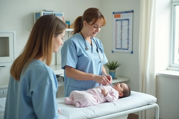 Infirmière pédiatrique mesurant un nourrisson lors d'une consultation médicale avec la mère présente