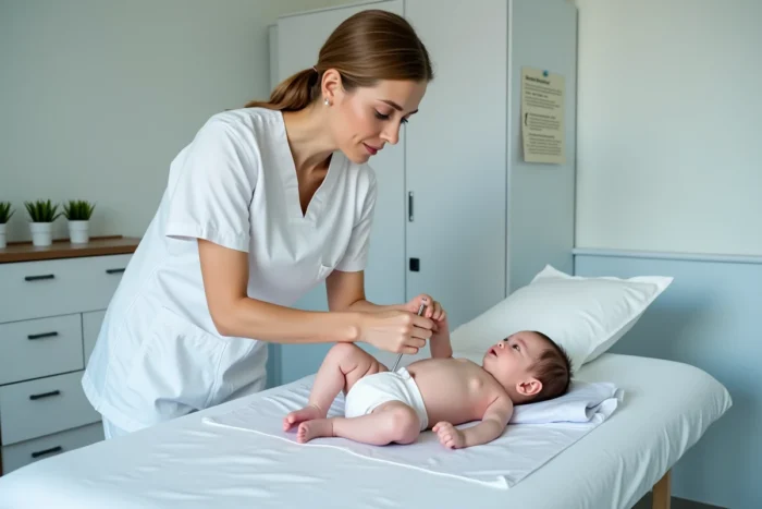 Infirmière pédiatrique mesurant un nourrisson lors d'une consultation de suivi du développement