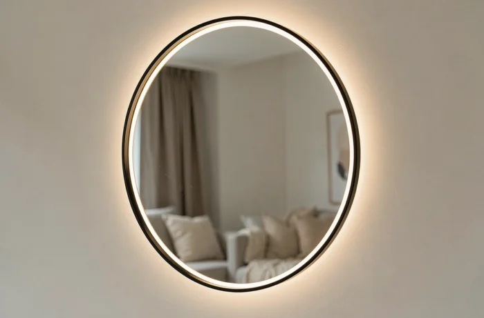 Contour LED intégré tout autour d'un miroir mural décoratif rond dans un salon élégant