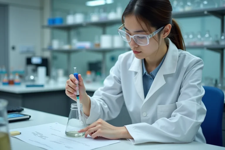 Femme en blouse de laboratoire convertissant des volumes de liquide avec une seringue graduée et un bécher en verre
