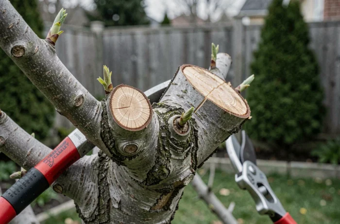 Gros plan sur les têtes de coupe d'un mûrier platane après taille, avec des bourgeons naissants et des sécateurs professionnels posés sur les branches