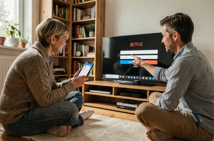 Couple activant un compte Netflix sur un téléviseur Samsung en utilisant un smartphone comme guide